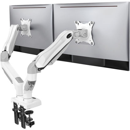 Picture of HUANUO Dual Monitor Stand - Full Adjustable Monitor Desk Mount Swivel Vesa Bracket with C Clamp, Grommet Mounting Base for 13 to 30 Inch Computer Screens - Each Arm Holds 4.4 to 19.8lbs - Whtie