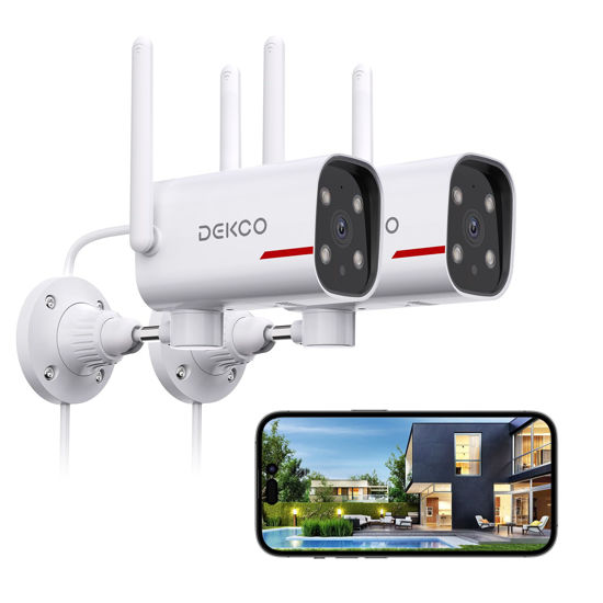 Picture of DEKCO 2 Pack Outdoor Security Camera with 2K Color Night Vision, Pan Rotating 180° Wired WiFi Camera Support 24/7 Recording, 2.4&5G WiFi, AI Human Auto Tracking, Work with Alexa/Google Assistant