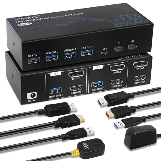 Picture of TCNEWCL 4K@120Hz HDMI Displayport KVM Switch 2 PC 2 Monitor 8K@60Hz DP 1.4 HDMI 2.1 USB 3.0 KVM Switch Dual Monitor, Support Extended & Copy Mode with Desktop Controller and 2 HDMI+DP+USB Cables