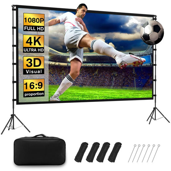 Picture of 120 inch Projection Screen with Stand, 16:9 Foldable Anti-Crease, Movie Portable Projector Screen with Carrying Bag for Outdoor Indoor Home Theater, Office, Classroom, Party, Games