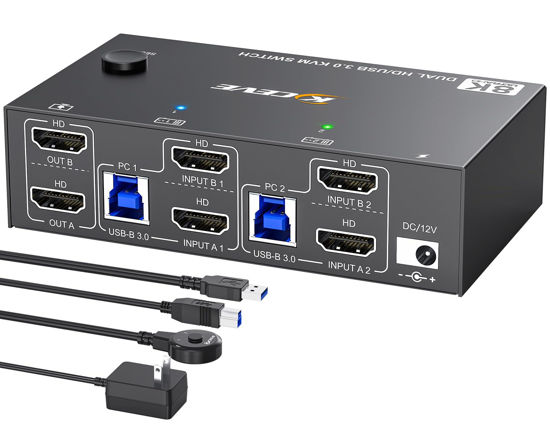 Picture of 8K HDMI KVM Switch 2 Monitors 2 Computers 8K@60Hz 4K@144Hz, MLEEDA USB 3.0 Dual Monitor KVM Switch for 2 Computer Share 2 Monitor and 4 USB3.0 HUB,Wired Remote,12V Power Adapter and USB Cable Included