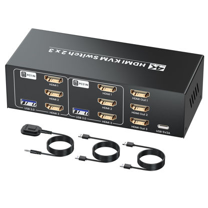 Picture of 4K/60Hz HDMI KVM Switch 2 Computers 3 Monitors, 2 Port HDMI KVM Switcher 2 in 3 Out for 2 PC Share 3 Monitors and 4 USB 3.0 Ports, Support Copy Mode/Extended Mode, Two Switching Modes