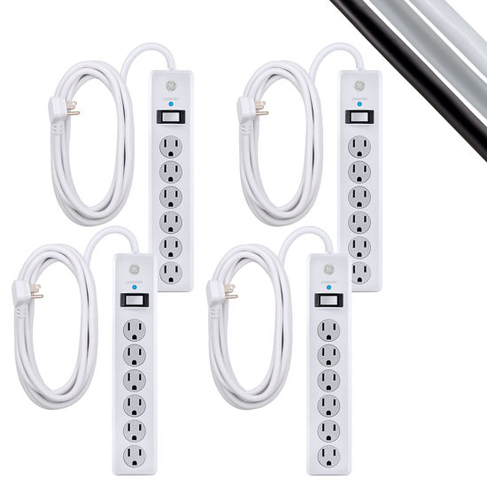 Picture of GE 6-Outlet Surge Protector, 4 Pack, 15 Ft Extension Cord, Power Strip, 800 Joules, Flat Plug, Twist-to-Close Safety Covers, Protected Indicator Light, UL Listed, White, 54651