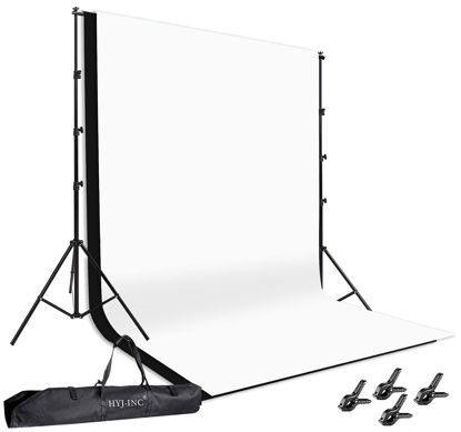 Picture of HYJ-INC Photo Background Support System with 8.5 x 10ft Backdrop Stand Kit, 100% Cotton Muslin Backdrop (White Black),Clamp, Carry Bag for Photography Video Studio