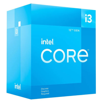 Picture of Intel® Core™ 12th Gen i3-12100F desktop processor, featuring PCIe Gen 5.0 & 4.0 support, DDR5 and DDR4 support. Discrete graphics required.