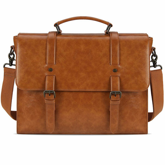 Picture of Mens Messenger Bag Vintage 15.6 Inch Waterproof Leather Laptop Briefcase Large Satchel Shoulder Bag Retro Office College Computer Bag, Brown