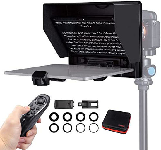 Picture of FEELWORLD TP10 10" Portable Teleprompter for Smartphone Tablet DSLR Cameras Video Recording for Live Streaming Interview Speech APP Compatible with iPad/Android, with Lens Adapter Rings