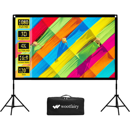 Picture of Projector Screen with Stand, Wootfairy 120 inch Portable and Foldable Indoor Outdoor Projection Screen 16:9 4K HD Rear Front Wrinkle-Free Movie Screen with Carry Bag for Home Theater Backyard Cinema