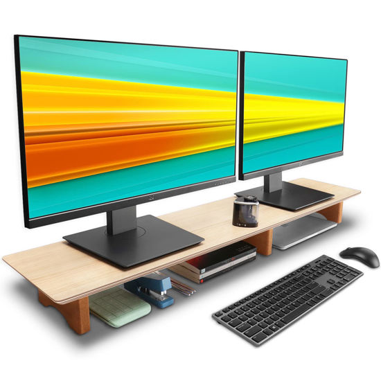 Picture of Aothia Large Dual Monitor Stand Riser, Solid Wood Desk Shelf with Eco Cork Legs for Laptop Computer/TV/PC/Printers, Perfect Desktop Stands Organizer with Underneath Storage for Office Accessories