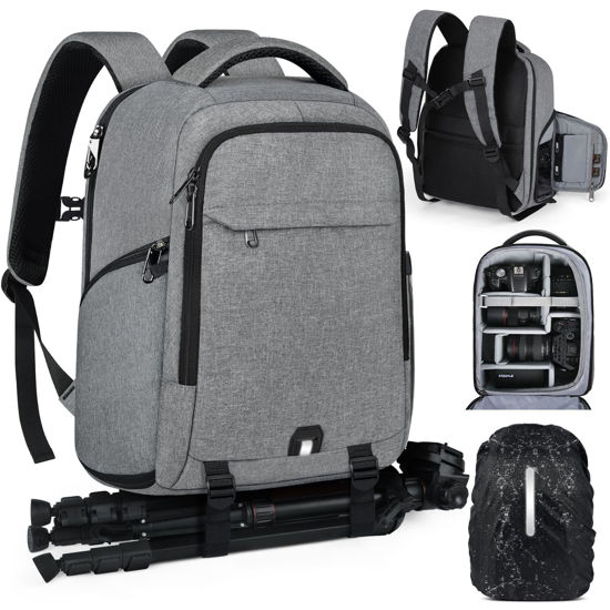 Picture of RAINSMORE Camera Backpack Camera Bag for Photographers DSLR SLR Mirrorless Camera Cases with Waterproof Rain Cover & Laptop Compartment Fits 14 Inch Laptop,Anti Theft Travel photography backpack,Grey