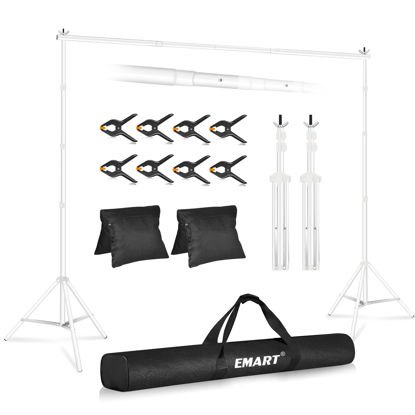 Picture of EMART Backdrop Stand 10x8.5ft(WxH) Photo Studio Adjustable Background Stand Support Kit with 2 Crossbars, 8 Backdrop Clamps, 2 Sandbags and Carrying Bag for Parties Events Decoration -White