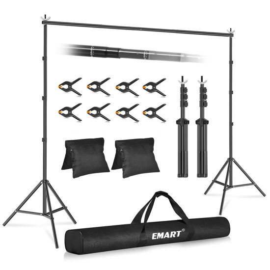 Picture of EMART Backdrop Stand 10x8.5ft(WxH) Photo Studio Adjustable Background Stand Support Kit with 2 Crossbars, 6 Backdrop Clamps, 2 Sandbags and Carrying Bag for Parties Events Decoration