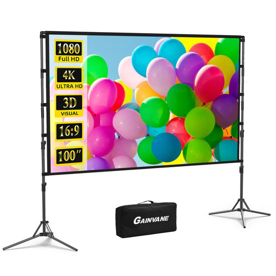 Picture of GAINVANE 100 inch Portable Movie Screen, Polyester Milk Silk, Glossy, 16:9, HD 4K, Front & Rear Projection, Tripod Mount, Indoor Outdoor, Carry Bag Included