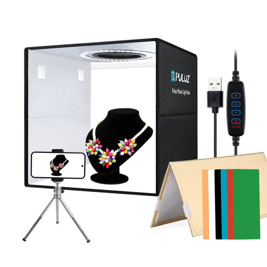 Picture of PULUZ 12''×12'' Portable Photography Light Box,Dimmable Photo Studio Light Box with 112 High CRI LED Lights & 6 PVC Backdrops & 3 Reflection Boards for Small Items Product Photography