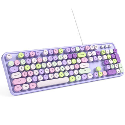 Picture of MOWUX Computer Keyboard Wired, Plug and Play USB Retro Round Typewriter Keyboard, Full Size Wired Keyboard with Foldable Stands for Laptop and Office PC- Purple Colorful