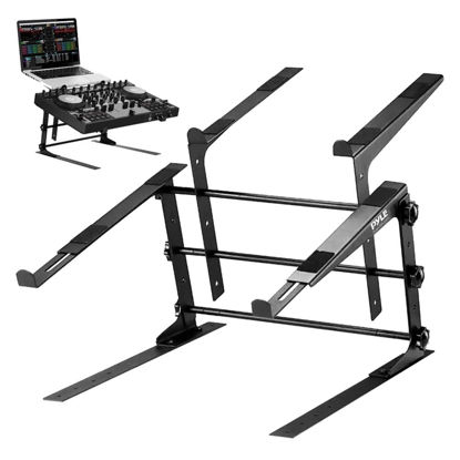 Picture of Pyle Portable Dual Laptop Stand - Standing Table with Adjustable Height, Ergonomic Design & Anti-Slip Prongs for DJ Mixer, Sound Equipment, Workstation, Gaming & Home Use - PLPTS38, Black