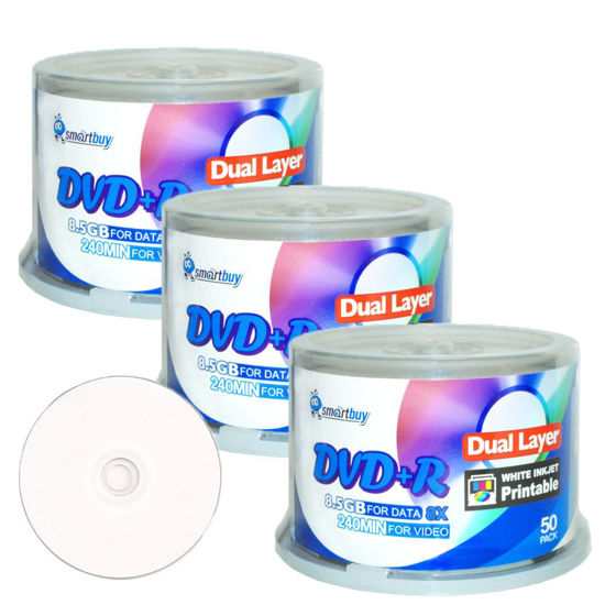 Picture of Smart Buy 150 Pack Dvd+r Dl 8.5gb 8X DVD Plus R Double Layer Printable White Inkjet Blank Data Recordable Media 150 Discs Spindle