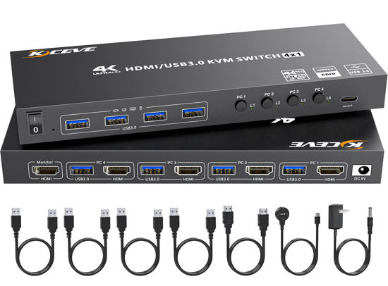 Picture of HDMI KVM Switch 4 Computers 4K@60Hz 2K@120Hz, Simulation EDID, Camgeet 4 Port USB3.0 KVM Switches for 4 PC Share 1 Monitor and Keyboard Mouse Printer,with Wired Remote,12V Power Adapter and 5 Cables