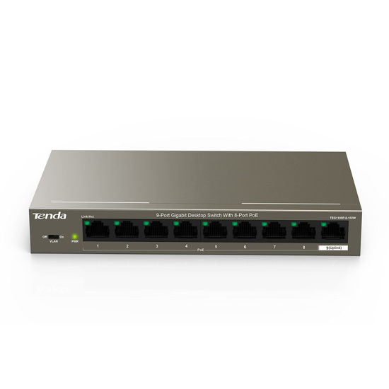 Picture of Tenda TEG1109P, 8 Port Gigabit PoE Switch Compatible with IEEE 802.3af/at Devices, Unmanaged PoE Switch with 8 Port PoE+@102W, w/ 1 Uplink Gigabit Port, Metal Design, Limited Lifetime Protection