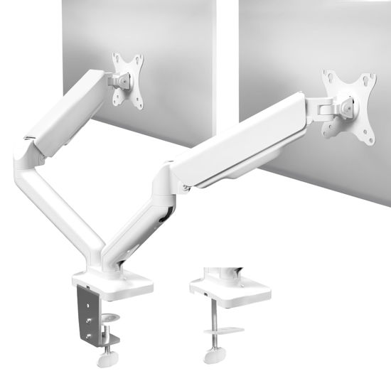 Picture of VIVO Dual Monitor up to 32 inches and 19.8 lbs per Screen, Mechanical Arm Desk Mount, Articulating Counterbalance, VESA Stand, Classic, White STAND-V002OW