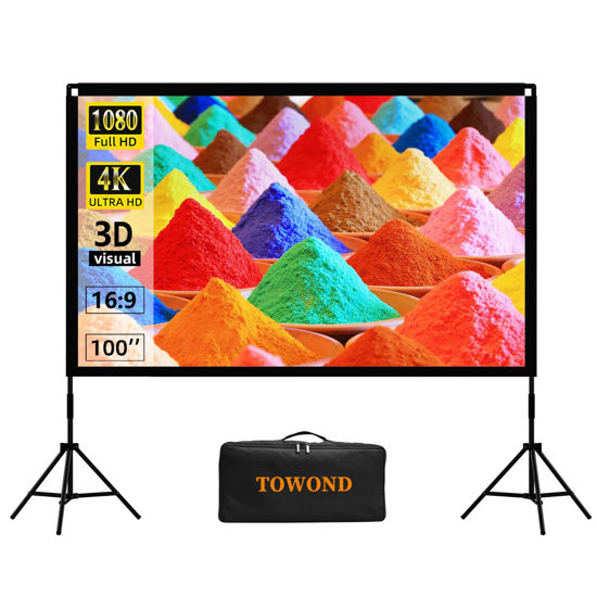 Picture of Projector Screen and Stand, Towond 100 inch Portable Movie Screen Indoor Outdoor 16:9 4K HD Front Rear Projection Screen with Carry Bag Wrinkle-Free and Foldable Design for Backyard Movie Night