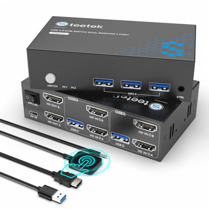 Picture of USB 3.0 HDMI KVM Switch 2 Monitors 2 Computers, 4K@60Hz KVM Switches for 2 Computers Sharing 2 Monitor Keyboard Mouse Hard Drives Printer, with EDID Adaptive, 2USB Cable and Controller