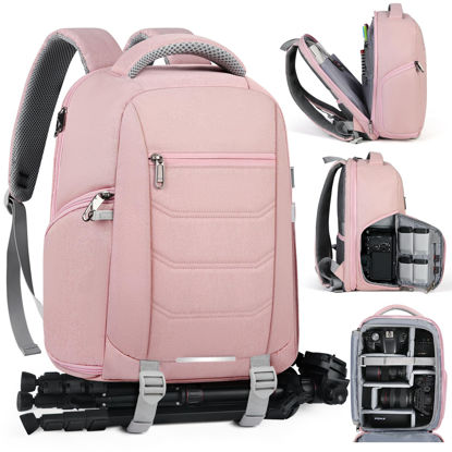 Picture of SDYSM Camera Bag Backpack Professional for DSLR SLR Mirrorless Camera Waterproof Camera Laptop Backpack 14 Inch with Rain Cover Anti Theft Travel Camera Case Large Capacity Photography Backpack Pink