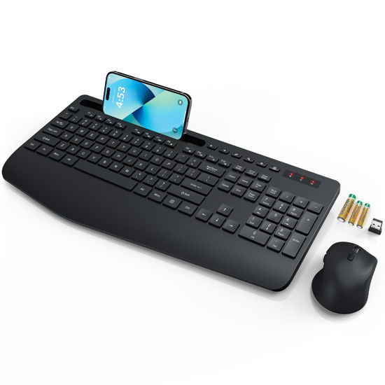 Picture of Wireless Keyboard and Mouse, Wrist Rest, Phone Holder, Batteries Included, 2.4G Lag-Free Ergonomic Keyboards Mouse Combo, Silent Keyboard Cordless Set for Computer, Laptop, PC, Mac, Windows -SABLUTE