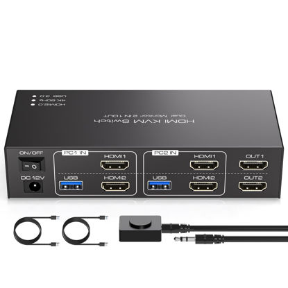 Picture of HDMI KVM Switch Dual Monitor 2 Computers KVM Switch Support 4K@60Hz USB 3.0 KVM Switches Share Dual Monitors and 4 USB 3.0 Ports Support Extended/Copy Mode with DC 12V Adapter&Wired Controller