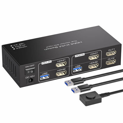 Picture of KVM Switch 2 Monitors 2 Computers HDMI, Dual Monitor HDMI 2 Ports USB 3.0 4 Ports KVM Switcher 4K 60Hz HDMI Switches 2 PC or 2 Laptops Share 1 Set of Keyboard Mouse Printer and Scanner