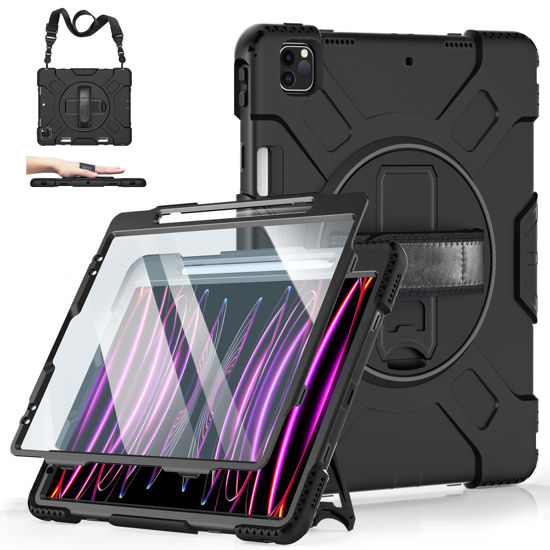 Picture of Case for iPad Pro 12.9 2022/2021/ 2020/2018: Military Grade Silicone Cover for iPad 12.9 6th/5th/4th/3rd Generation W/Screen Protector- Stand- Pencil Holder- Handle- Shoulder Strap- Black