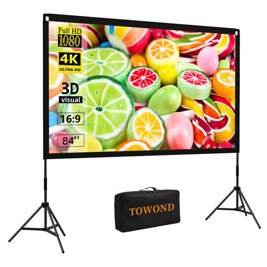 Picture of Projector Screen with Stand, Towond 84 inch Outdoor Projector Screen Portable Indoor Projection Screen 16:9 4K Rear Front Movie Screen with Carry Bag for Home Backyard Theater