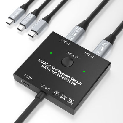 Picture of 8K USB C Switch, USB C Switcher for 2 Computers Bi-Directional, USB C KVM Switch with Wired Remote & 2 USB-C Cables, for 100W Charging+10Gbps Data+Video Transfer, 8K@60Hz/4K@144Hz