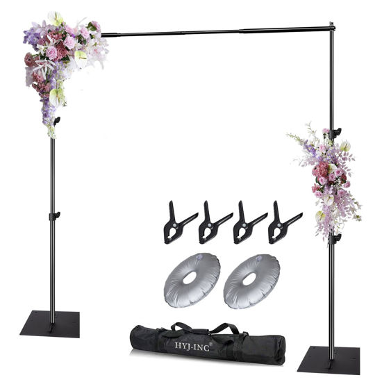 Picture of HYJ-INC Pipe and Drape Photography Backdrop Stand Kit Adjustable Photo Background Stand 10ft x 6.5ft with Metal Base for Parties Weddings Birthday Party Events Photo booth