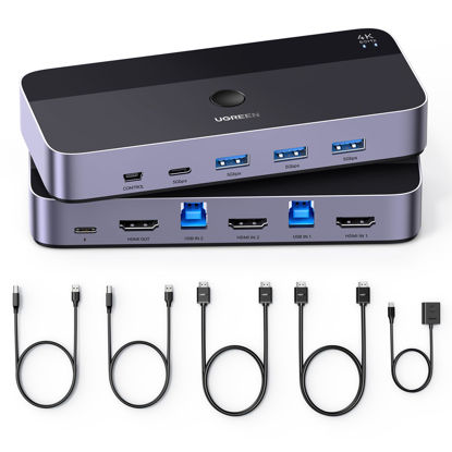 Picture of UGREEN USB 3.0 HDMI KVM Switch with 4 USB 3.0 Ports (3 USB-A+1 USB-C) 4K@60Hz for 2 Computers Sharing Monitor Keyboard Mouse Hard Drives Printer, with 2 HDMI Cables, 2 USB Cables and Controller