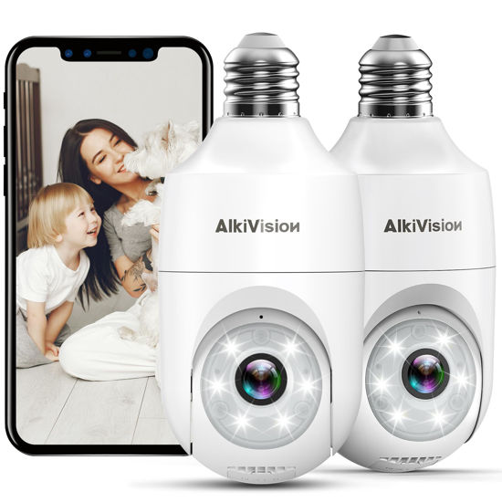 Picture of AlkiVision 2K Light Bulb Security Cameras Wireless Outdoor 2pcs - 2.4G Hz 360° Motion Detection, for Home Security Outside Indoor, Full-Color Night Vision, Auto Tracking, Siren Alarm, 24/7 Recording