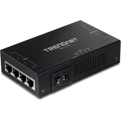 Picture of TRENDnet 65W 4-Port Gigabit PoE+ Injector, TPE-147GI, 4 x Gigabit Ports(Data in), 4 x gigabit PoE Ports(Data + PoE Out), Multi-Port PoE+ Injector up to 100m(328 ft.), Add PoE+ Power to Non-PoE Switch