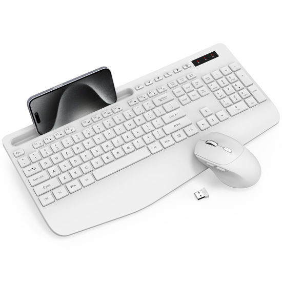 Picture of Wireless Keyboard and Mouse Combo - Full-Sized Ergonomic Keyboard with Wrist Rest, Phone Holder, Sleep Mode, Silent 2.4GHz Cordless Keyboard Mouse Combo for Computer, Laptop, PC, Mac, Windows,White