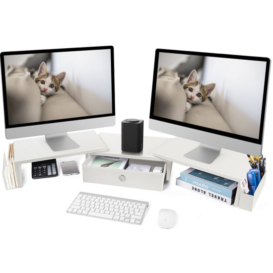 Picture of RUILALIFE Dual Monitor Stand Riser w/ Drawer & Metal Leg, Large White Computer Monitor Riser w/ Storage For 2 Monitors, Desk Shelf For Monitor w/ Adjustable Length & Angle, Desktop Organizer