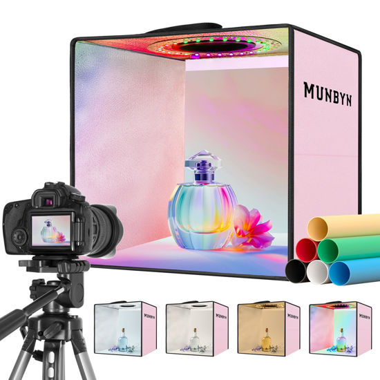 Picture of MUNBYN Photo Light Box Photography, Portable Photo Studio Box 12" x 12" Pink Professional Photo Tent Kit with 6-Color RGB LED Lights 6 Photography Backdrops for Jewelry and Small Products