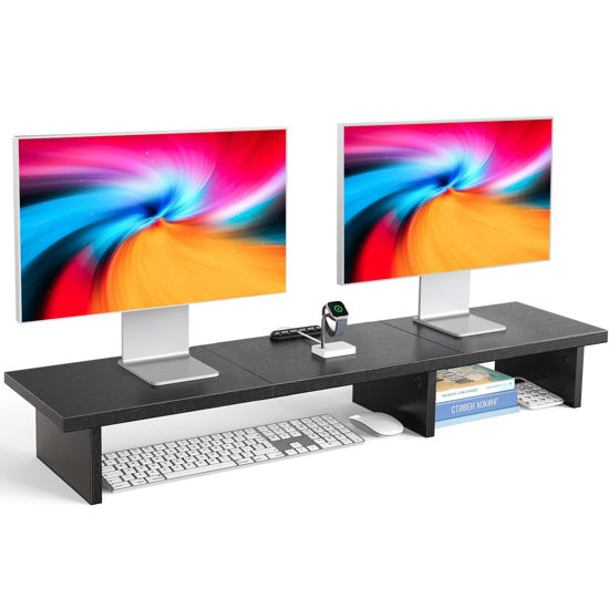 Picture of HUANUO Dual Monitor Stand Riser, Monitor Stand for Desk with Cable Clip, Computer Monitor Stand for 2 Monitors, Desktop Storage Shelf Organizer Stand for PC, Laptop, Printer, TV