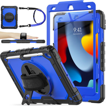 Picture of SEYMAC stock Case for iPad 9th/ 8th/ 7th Generation 10.2'', Shockproof Case with Screen Protector Pencil Holder [360° Rotating Hand Strap] &Stand, Case for iPad 10.2 inch 2021-2019 (Blue+Black)