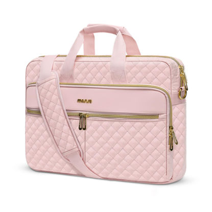 Picture of MOSISO 15-15.6 inch Laptop Bag, Briefcase for Women&Men, 16 inch Square Quilted Computer Messenger Bag Office Travel Business with 3 Pockets&Strap, Pink