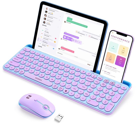 Picture of seenda Bluetooth Keyboard and Mouse for iPad, Multi-Device Bluetooth + 2.4G Wireless Keyboard Mouse with Tablet Holder for MacBook/Windows Computer, iOS/Andriod Tablet Phone, Blue & Purple