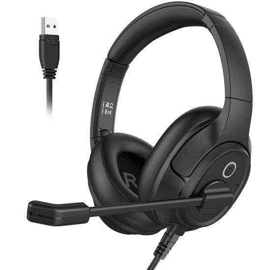 Picture of EKSA Headset with Microphone for Laptop, Wired Computer Headset with Volume & Mic Mute Controls, Lightweight PC Headphones for Office Call Center Skype (Over Ear USB Headset with AI ENC)