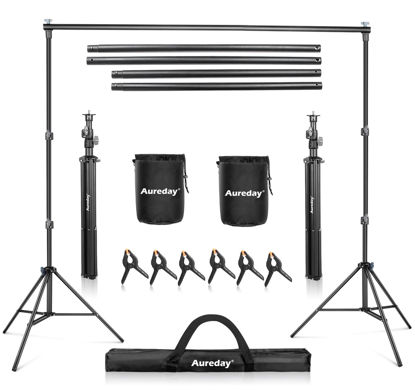 Picture of Aureday Backdrop Stand, 8.5x10 Ft Adjustable Photo Backdrop Stand Kit with 4 Crossbars, 6 Background Clamps, 2 Sandbags, and Carrying Bag for Parties/Wedding/Photography/Festival Decoration