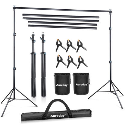 Picture of Aureday Backdrop Stand, 10x8.5ft Adjustable Photo Backdrop Stand for Parties, Heavy Duty Background Stand with Travel Bag, 6 Backdrop Clamps, 4 Crossbars, 2 Sandbags for Wedding/Decorations/Photoshoot