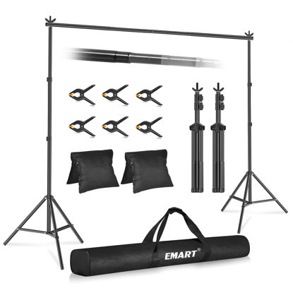 Picture of EMART Backdrop Stand 10x7.8ft(WxH) Photo Studio Adjustable Background Stand Support Kit with 2 Crossbars, 6 Backdrop Clamps,2 Sandbags and Carrying Bag for Parties Events Decoration