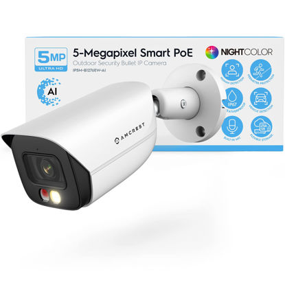 Picture of Amcrest 5MP IP PoE AI Camera w/ 49ft Color Night Vision, Security Outdoor Bullet Camera, Built-in Microphone, Human & Vehicle Detection, Active Deterrent, 129° FOV, 5MP@20fps IP5M-B1276EW-AI (White)