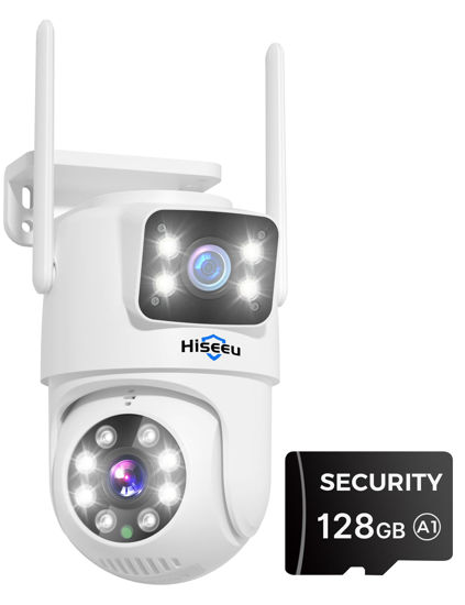 Picture of Hiseeu Wireless Security Camera Dual Lens PTZ Camera Outdoor with 128GB SD Card, 2K WiFi-Pro 5G/ 2.4Ghz Surveillance Cameras, Color Night Version, Plug-in Cable, Works with Wireless Camera System